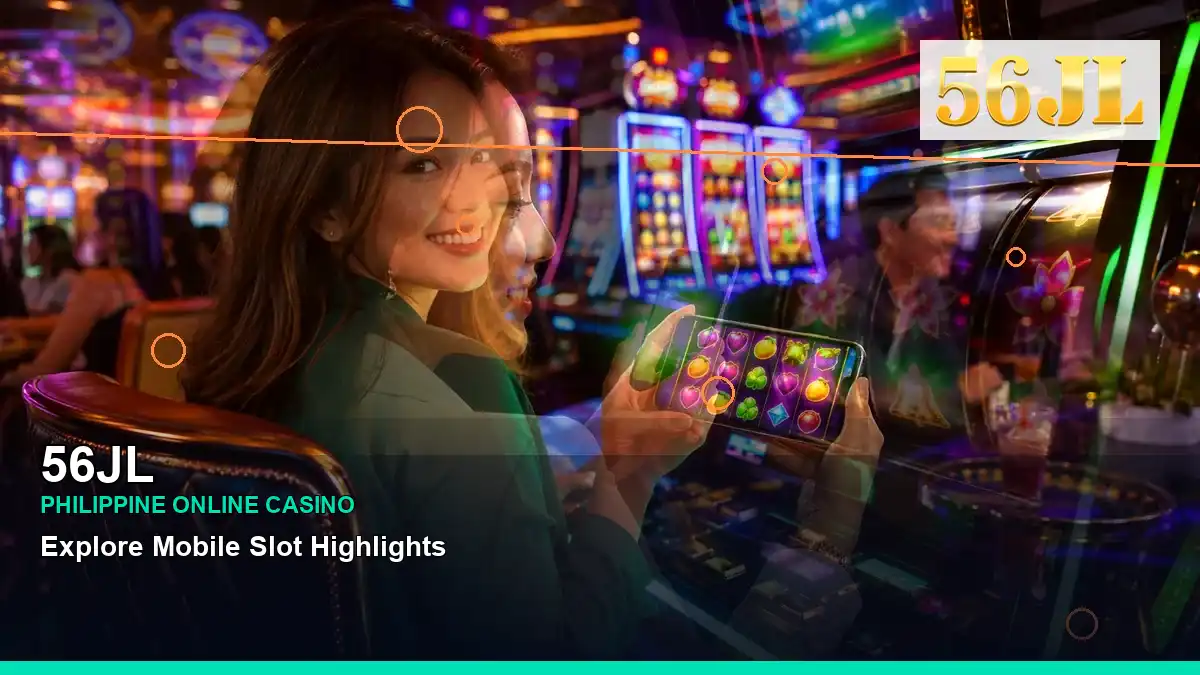 56JL casino cashback rewards featuring an adult Filipina casino host with a layered collage composition