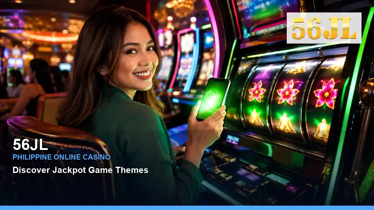 56JL casino first deposit rewards featuring an adult Filipina casino host with a dynamic composition — view 2